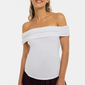 Elegante zwangerschapsblouse met off-shoulder – wit